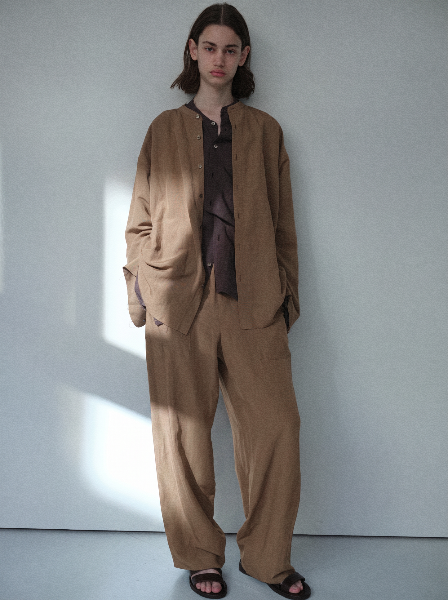 Linen rayon easy utility baker pants (Brown)