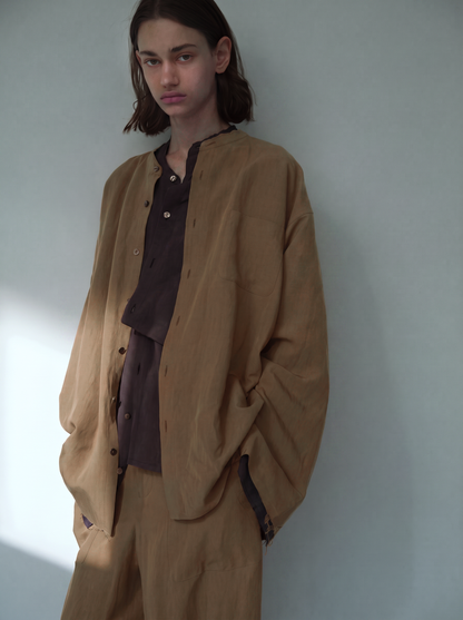 Linen rayon cut off band collar shirt (Brown)