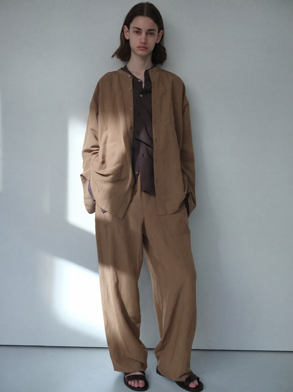 Linen rayon cut off band collar shirt (Brown)