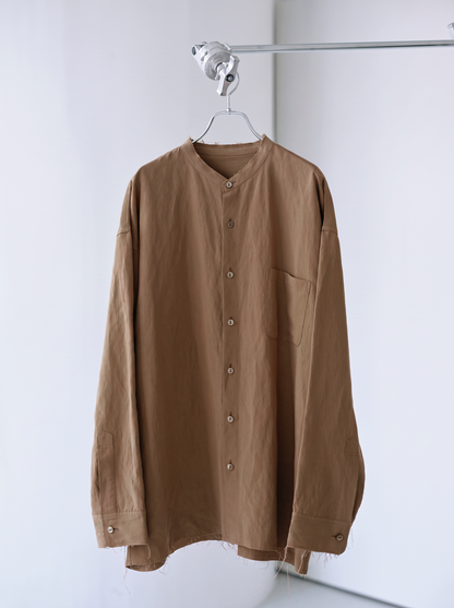 Linen rayon cut off band collar shirt (Brown)