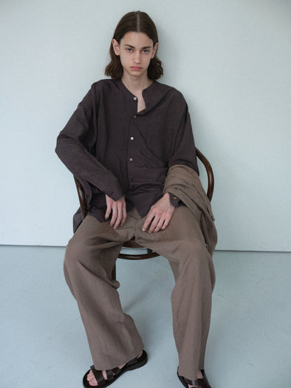 Linen rayon cut off band collar shirt (Charcoal)