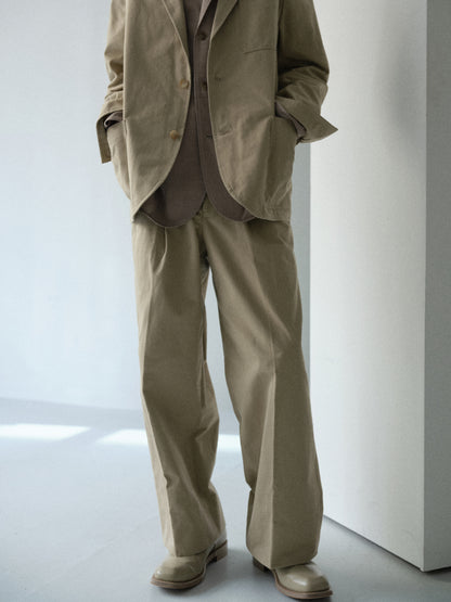 Cotton Cordura twill wide tapered trousers (Beige)