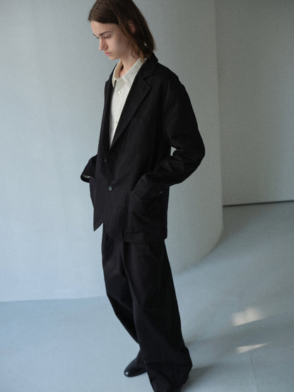 Cotton Cordura twill wide tapered trousers (Black)