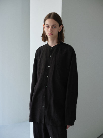 Linen rayon cut off band collar shirt (Black)