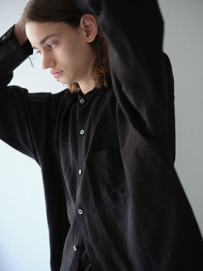 Linen rayon cut off band collar shirt (Black)