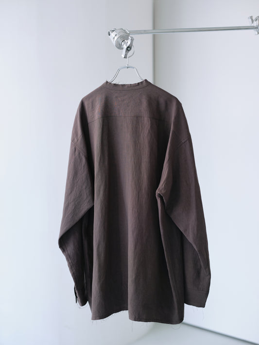 Linen rayon cut off band collar shirt (Charcoal)